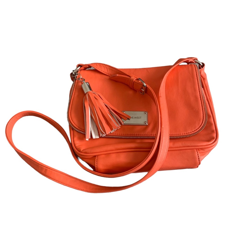 Nine West Crossbody Purse Leopard Print Lining Bright Orange Coral - Picture 3 of 15